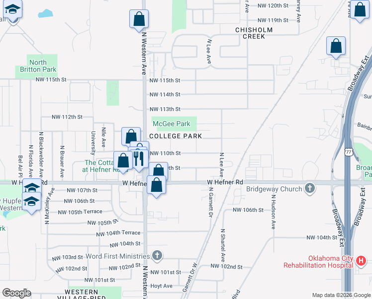map of restaurants, bars, coffee shops, grocery stores, and more near 732 Northwest 111th Street in Oklahoma City