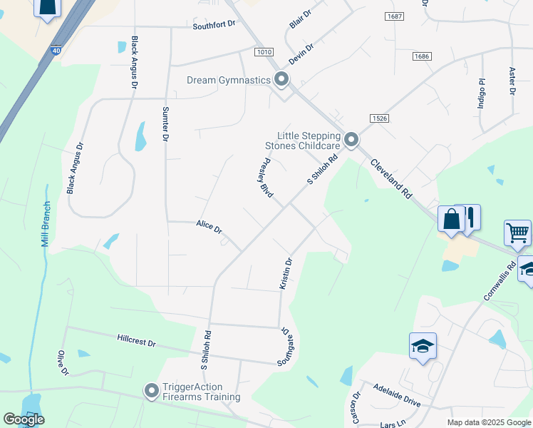 map of restaurants, bars, coffee shops, grocery stores, and more near 3786 South Shiloh Road in Garner
