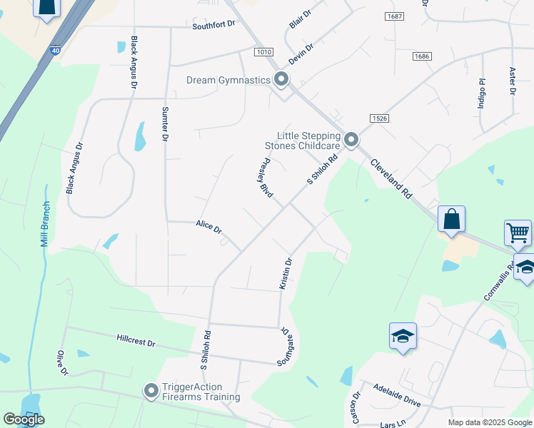 map of restaurants, bars, coffee shops, grocery stores, and more near 3786 South Shiloh Road in Garner
