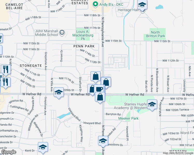 map of restaurants, bars, coffee shops, grocery stores, and more near 11239 North Pennsylvania Avenue in Oklahoma City