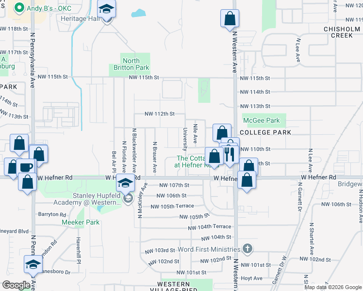 map of restaurants, bars, coffee shops, grocery stores, and more near 11222 University in Oklahoma City