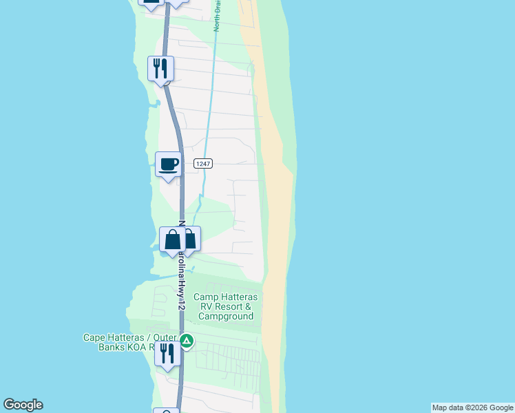 map of restaurants, bars, coffee shops, grocery stores, and more near 24161-24183 Ocean Drive in Rodanthe