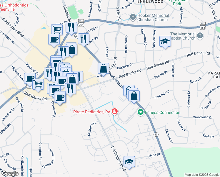 map of restaurants, bars, coffee shops, grocery stores, and more near 1085 Cheyenne Court in Greenville