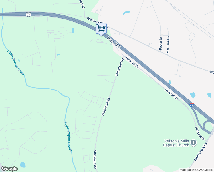 map of restaurants, bars, coffee shops, grocery stores, and more near 1575 Strickland Road in Clayton
