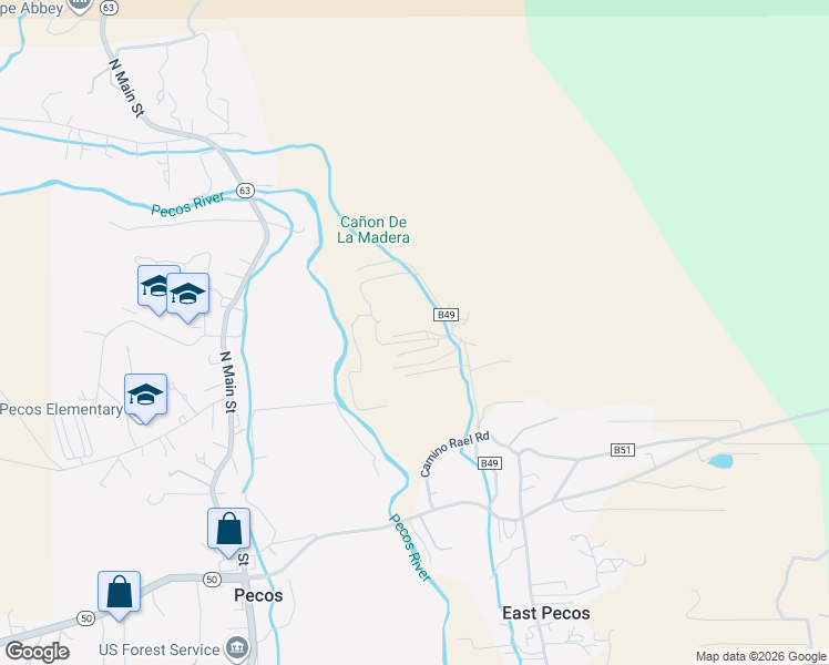 map of restaurants, bars, coffee shops, grocery stores, and more near Griego Lane in Pecos