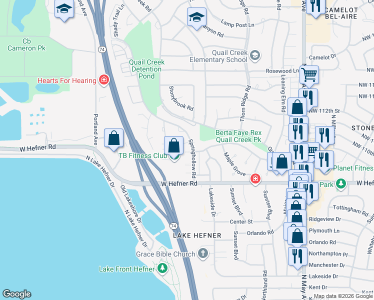 map of restaurants, bars, coffee shops, grocery stores, and more near 11108 Springhollow Road in Oklahoma City