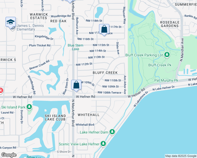 map of restaurants, bars, coffee shops, grocery stores, and more near 11017 Bluff Creek Drive in Oklahoma City