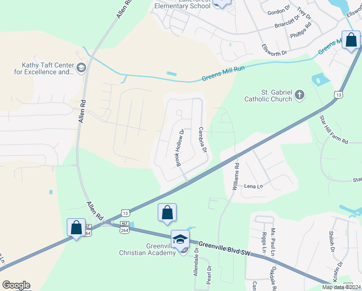 map of restaurants, bars, coffee shops, grocery stores, and more near 2308 Dovedale Drive in Greenville