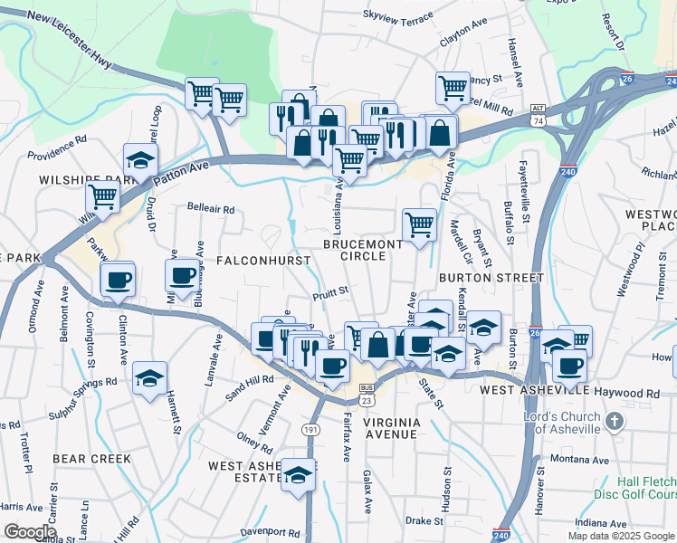 map of restaurants, bars, coffee shops, grocery stores, and more near 135 Louisiana Avenue in Asheville