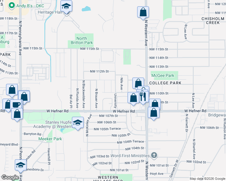 map of restaurants, bars, coffee shops, grocery stores, and more near 11222 University in Oklahoma City