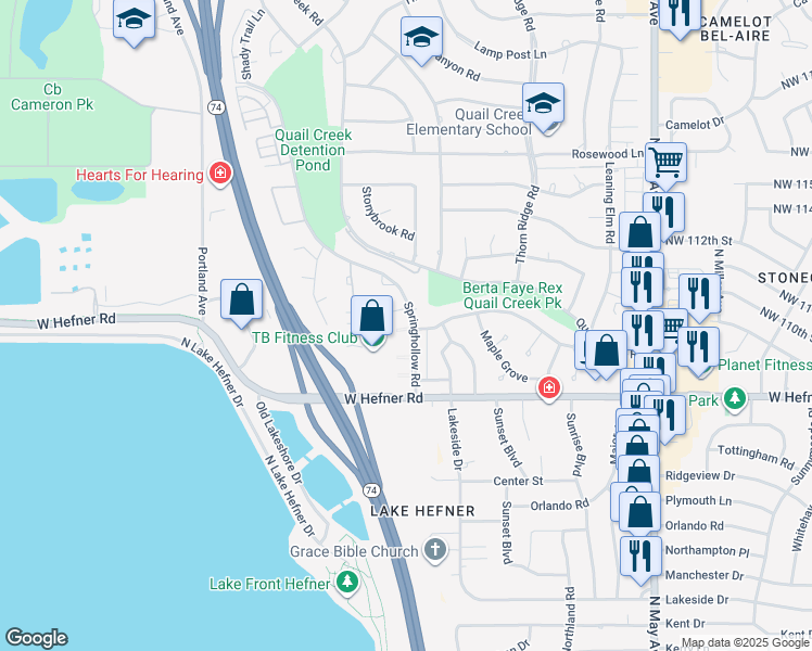 map of restaurants, bars, coffee shops, grocery stores, and more near 11108 Springhollow Road in Oklahoma City