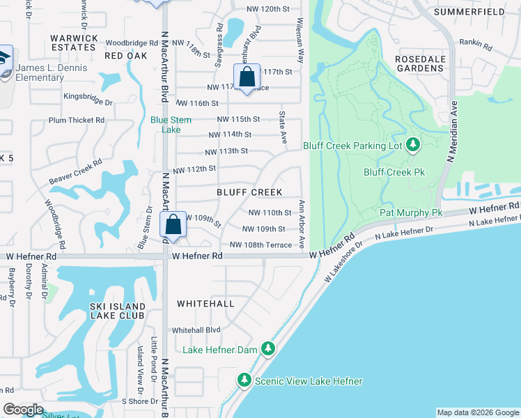 map of restaurants, bars, coffee shops, grocery stores, and more near 11108 Bluff Creek Drive in Oklahoma City