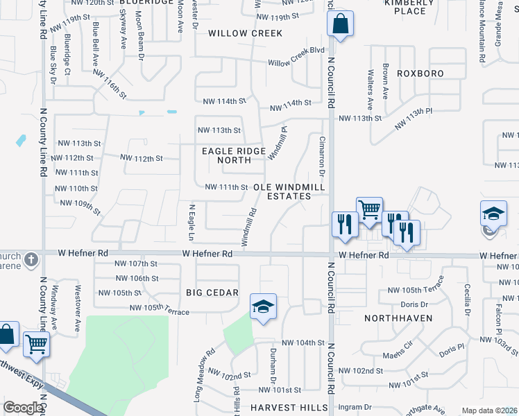 map of restaurants, bars, coffee shops, grocery stores, and more near 11120 Windmill Road in Oklahoma City