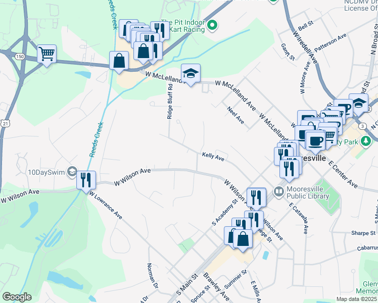 map of restaurants, bars, coffee shops, grocery stores, and more near 516 Kelly Avenue in Mooresville