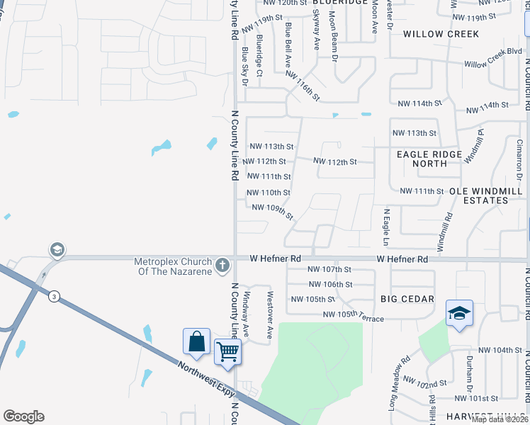 map of restaurants, bars, coffee shops, grocery stores, and more near 8905 Northwest 109th Street in Oklahoma City