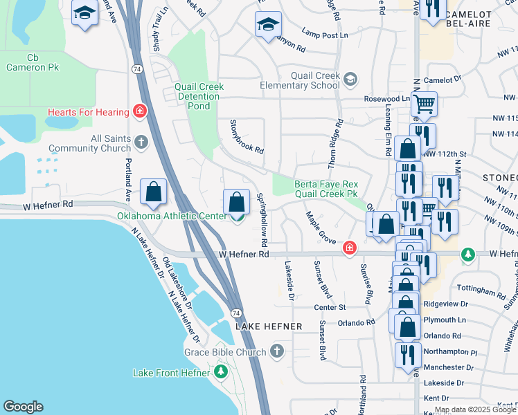 map of restaurants, bars, coffee shops, grocery stores, and more near 11108 Springhollow Road in Oklahoma City