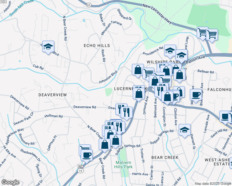 map of restaurants, bars, coffee shops, grocery stores, and more near 57 Tampa Avenue in Asheville