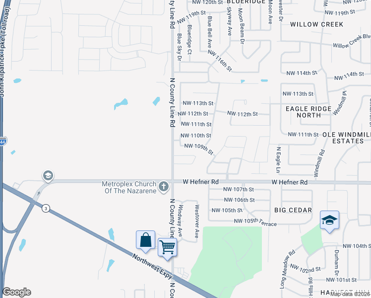 map of restaurants, bars, coffee shops, grocery stores, and more near 8905 Northwest 109th Street in Oklahoma City