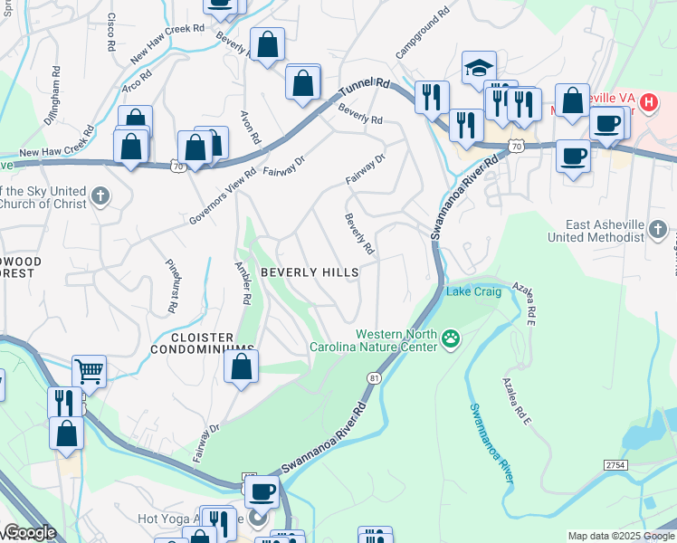 map of restaurants, bars, coffee shops, grocery stores, and more near 130 Kingsgate Road in Asheville