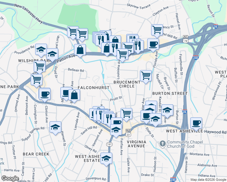 map of restaurants, bars, coffee shops, grocery stores, and more near 139 Dunwell Avenue in Asheville