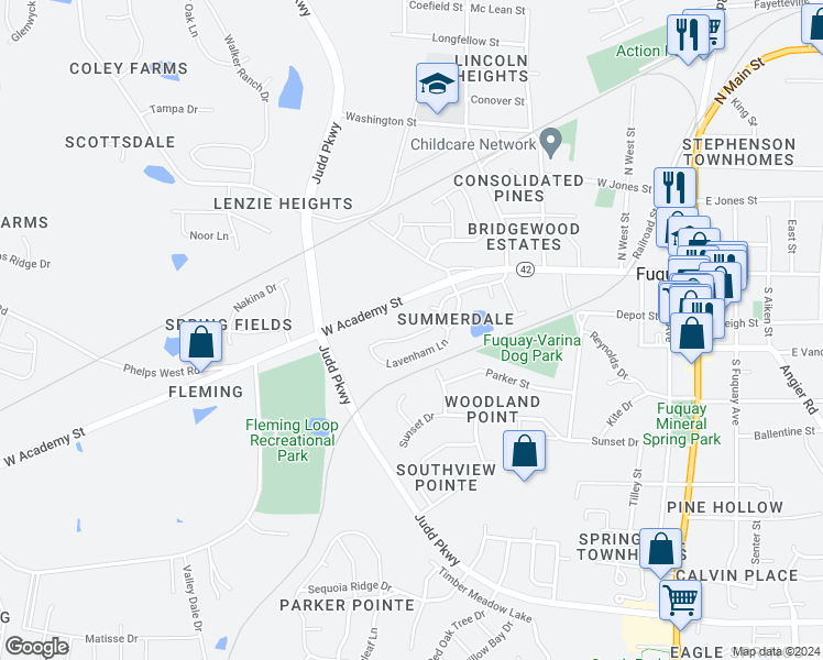 map of restaurants, bars, coffee shops, grocery stores, and more near 626 Stapleford Lane in Fuquay-Varina