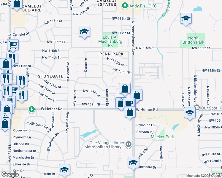 map of restaurants, bars, coffee shops, grocery stores, and more near 11120 Stratford Drive in Oklahoma City