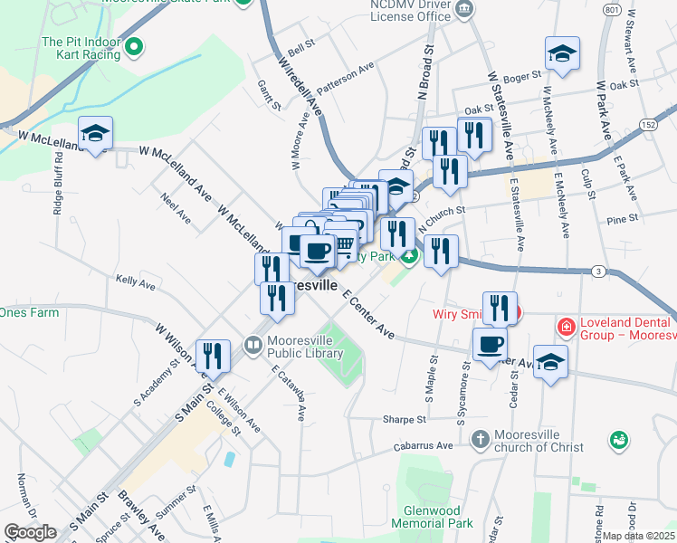 map of restaurants, bars, coffee shops, grocery stores, and more near 126 North Main Street in Mooresville