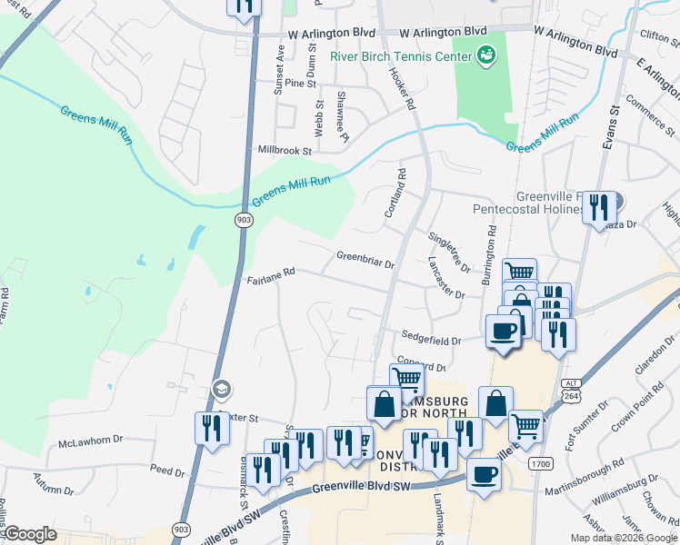 map of restaurants, bars, coffee shops, grocery stores, and more near 109 Greenbriar Drive in Greenville