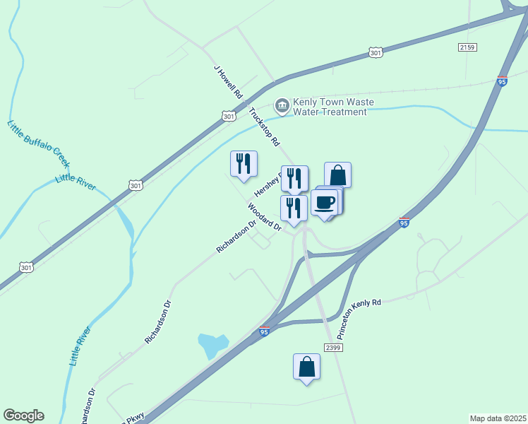 map of restaurants, bars, coffee shops, grocery stores, and more near Woodard Drive in Kenly
