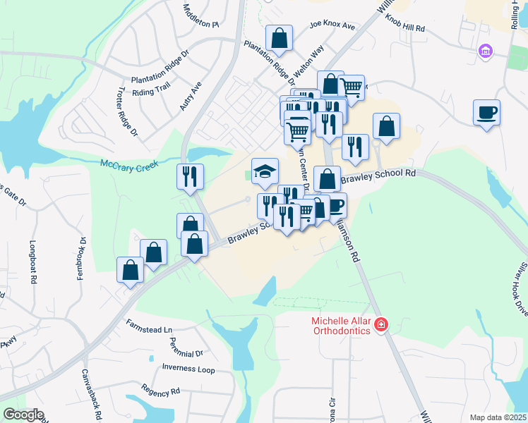 map of restaurants, bars, coffee shops, grocery stores, and more near 664 Brawley School Road in Mooresville
