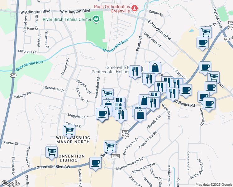 map of restaurants, bars, coffee shops, grocery stores, and more near 304 Lindell Road in Greenville
