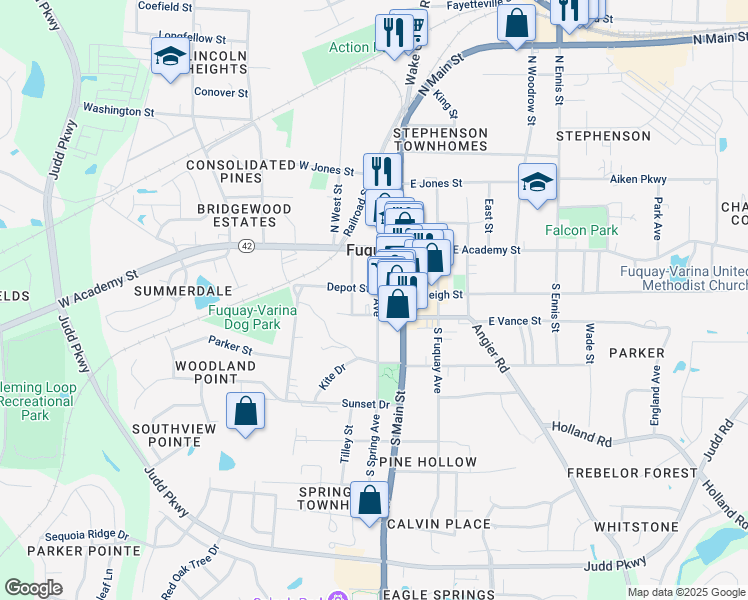 map of restaurants, bars, coffee shops, grocery stores, and more near 282 Spring Avenue in Fuquay Varina