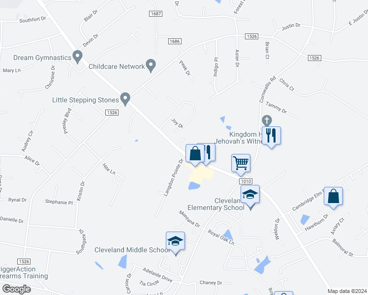 map of restaurants, bars, coffee shops, grocery stores, and more near 10590 Cleveland Road in Garner