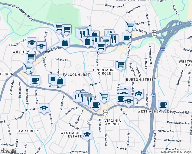 map of restaurants, bars, coffee shops, grocery stores, and more near 136 Louisiana Avenue in Asheville