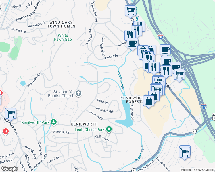 map of restaurants, bars, coffee shops, grocery stores, and more near 26 Normandy Road in Asheville