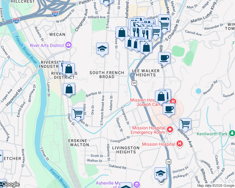 map of restaurants, bars, coffee shops, grocery stores, and more near 5 Sterling Roberts Way in Asheville