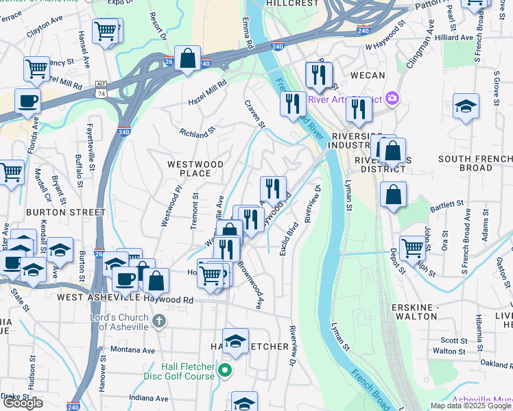 map of restaurants, bars, coffee shops, grocery stores, and more near 86 Deaver Street in Asheville