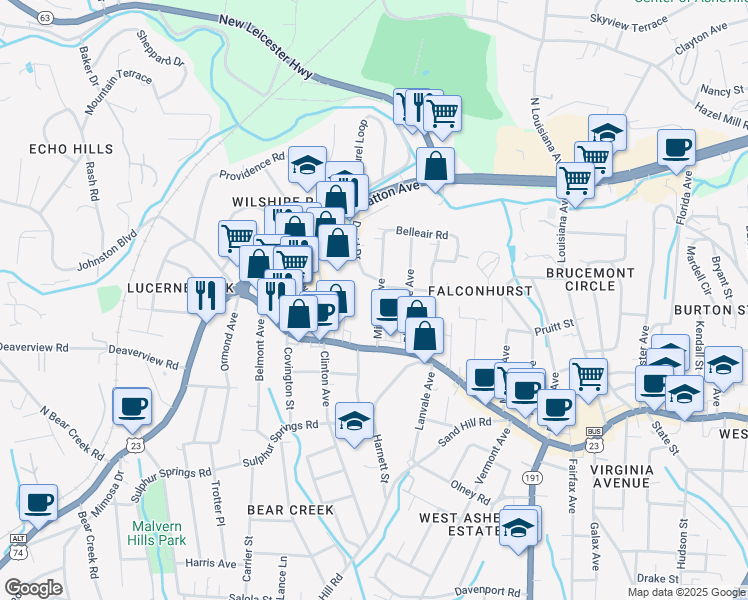 map of restaurants, bars, coffee shops, grocery stores, and more near 64 Mitchell Avenue in Asheville