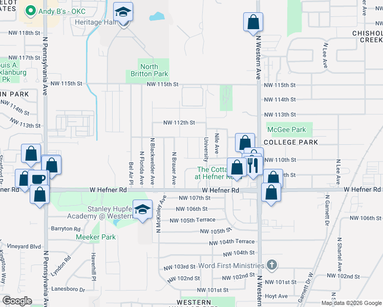 map of restaurants, bars, coffee shops, grocery stores, and more near 1214 Howard Drive in Oklahoma City