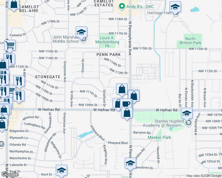 map of restaurants, bars, coffee shops, grocery stores, and more near 11202 Stratford Drive in Oklahoma City