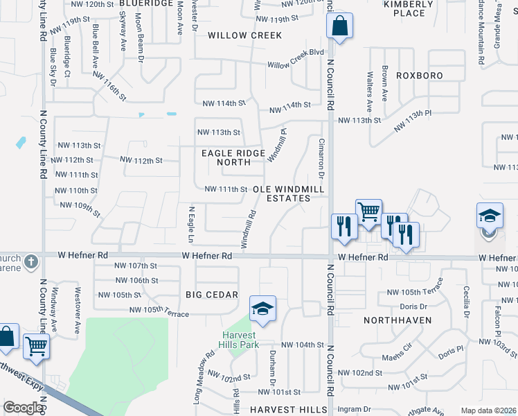 map of restaurants, bars, coffee shops, grocery stores, and more near 11120 Windmill Road in Oklahoma City