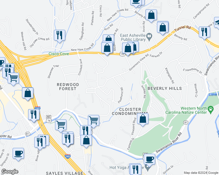 map of restaurants, bars, coffee shops, grocery stores, and more near 41 Pinehurst Road in Asheville