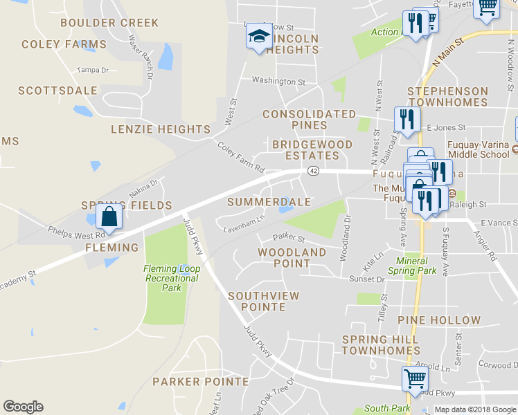 map of restaurants, bars, coffee shops, grocery stores, and more near 600 Lavenham Lane in Fuquay Varina