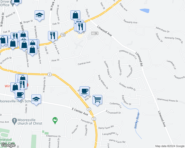 map of restaurants, bars, coffee shops, grocery stores, and more near 127 Queensway Lane in Mooresville