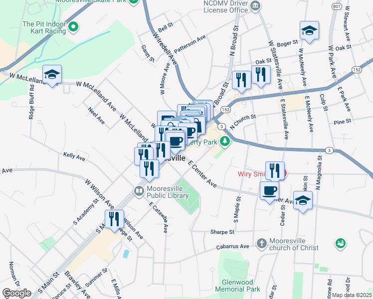 map of restaurants, bars, coffee shops, grocery stores, and more near 126 North Main Street in Mooresville