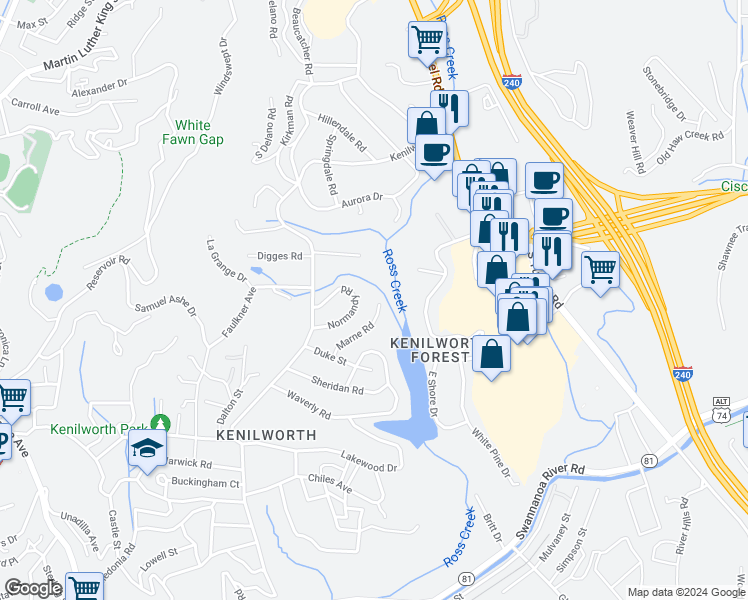 map of restaurants, bars, coffee shops, grocery stores, and more near 62 Marne Road in Asheville