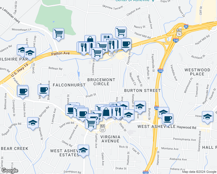 map of restaurants, bars, coffee shops, grocery stores, and more near 74 Brucemont Circle in Asheville