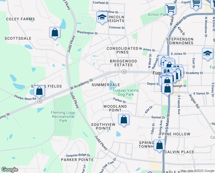 map of restaurants, bars, coffee shops, grocery stores, and more near 133 Lyonshall Street in Fuquay-Varina