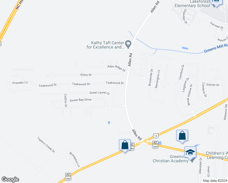 map of restaurants, bars, coffee shops, grocery stores, and more near Hidden Laurel Court in Greenville