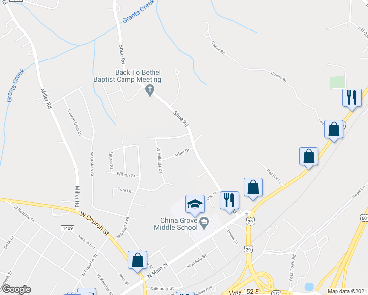 map of restaurants, bars, coffee shops, grocery stores, and more near 1028 Hickory Grove Lane in China Grove